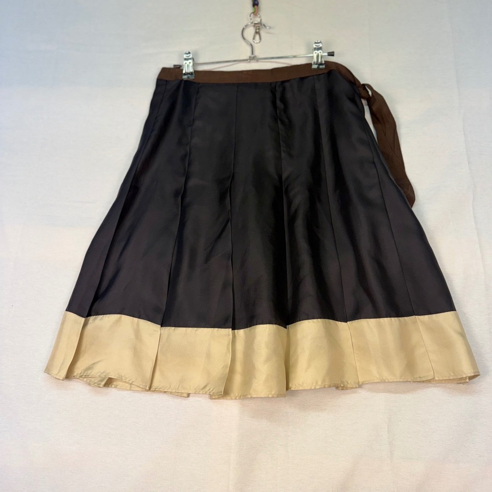 Gap Silk Pleated Midi Skirt Black Beige Colorblock Grosgrain Ribbon Trim Size 6